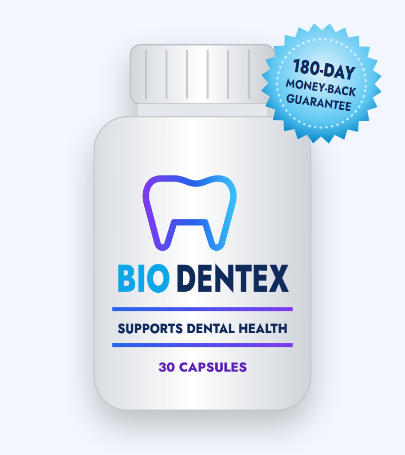 BioDentex dental health supplement bottle with 180-day money-back guarantee